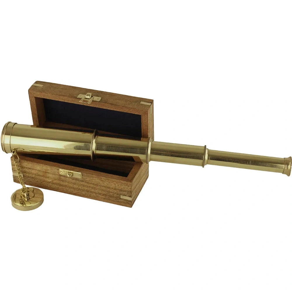 Távcső sárgaréz, H: 14,5/38cm, Ø: 2,5/4cm, fadobozban