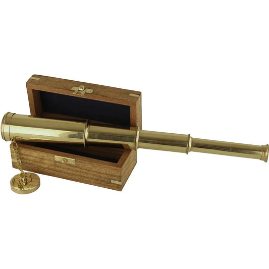 Távcső sárgaréz, H: 14,5/38cm, Ø: 2,5/4cm, fadobozban