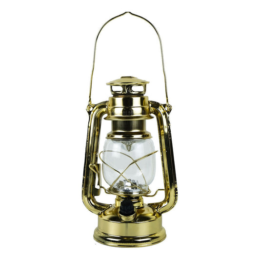 Viharlámpa, led, elemmel működő, sárgaréz színű vas, m: 24,5 cm, ø: 11,5 cm