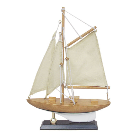 Vitorlás jacht, fa, vászonvitorlákkal, H: 15 cm, M: 22,5 cm