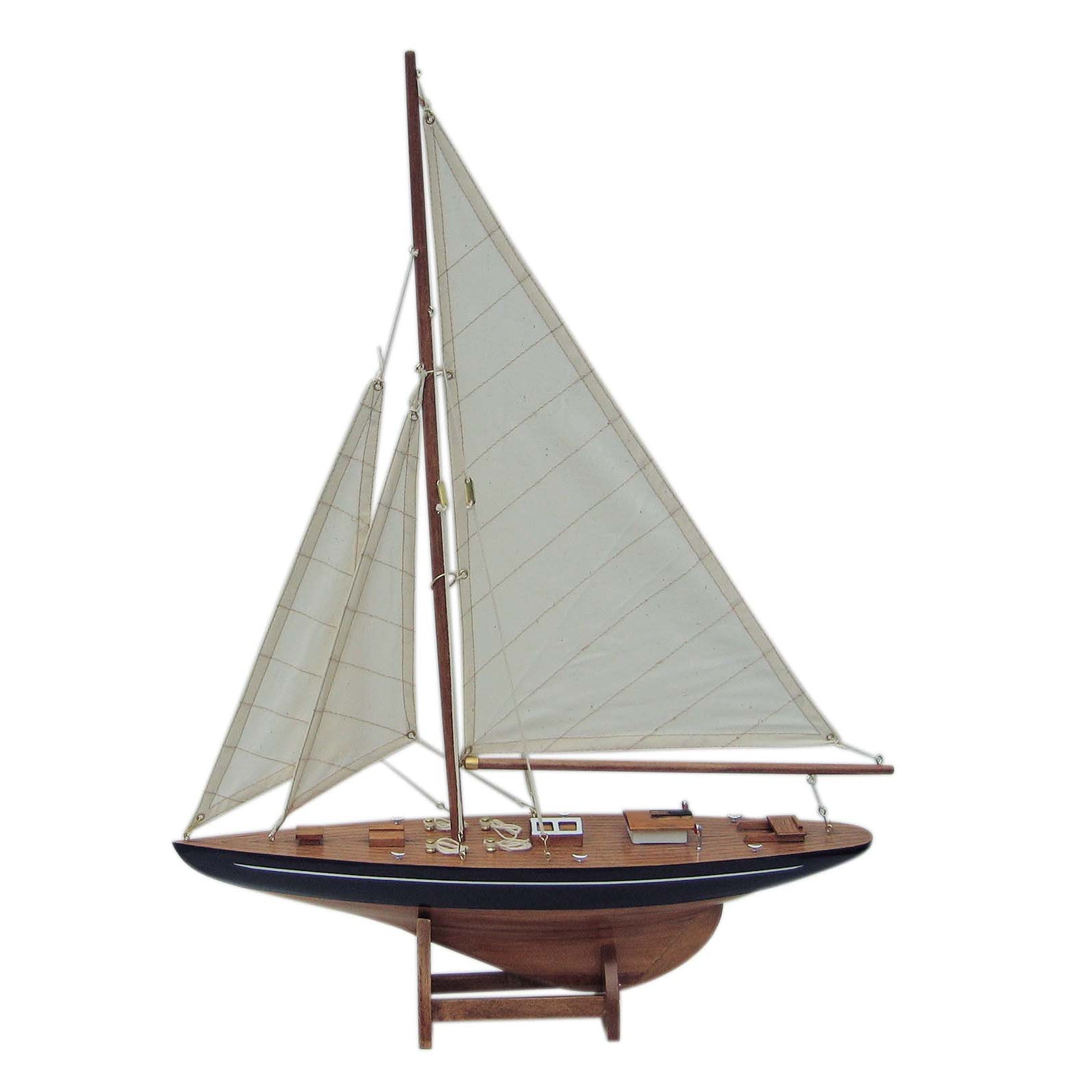 Vitorlás jacht, fából készült, vászon vitorlákkal, h: 40cm, m: 55cm