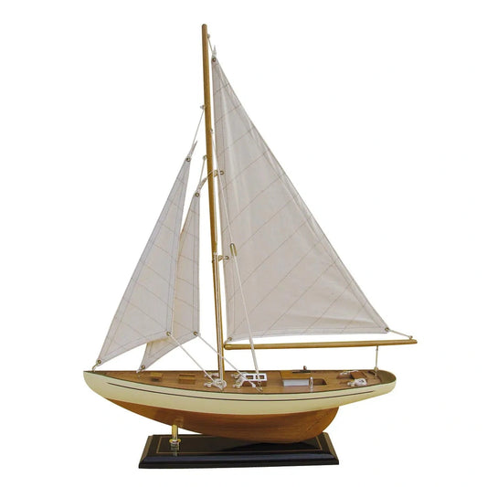 Vitorlás jacht, fából, vászonvitorlákkal, h: 40 cm, m: 54 cm