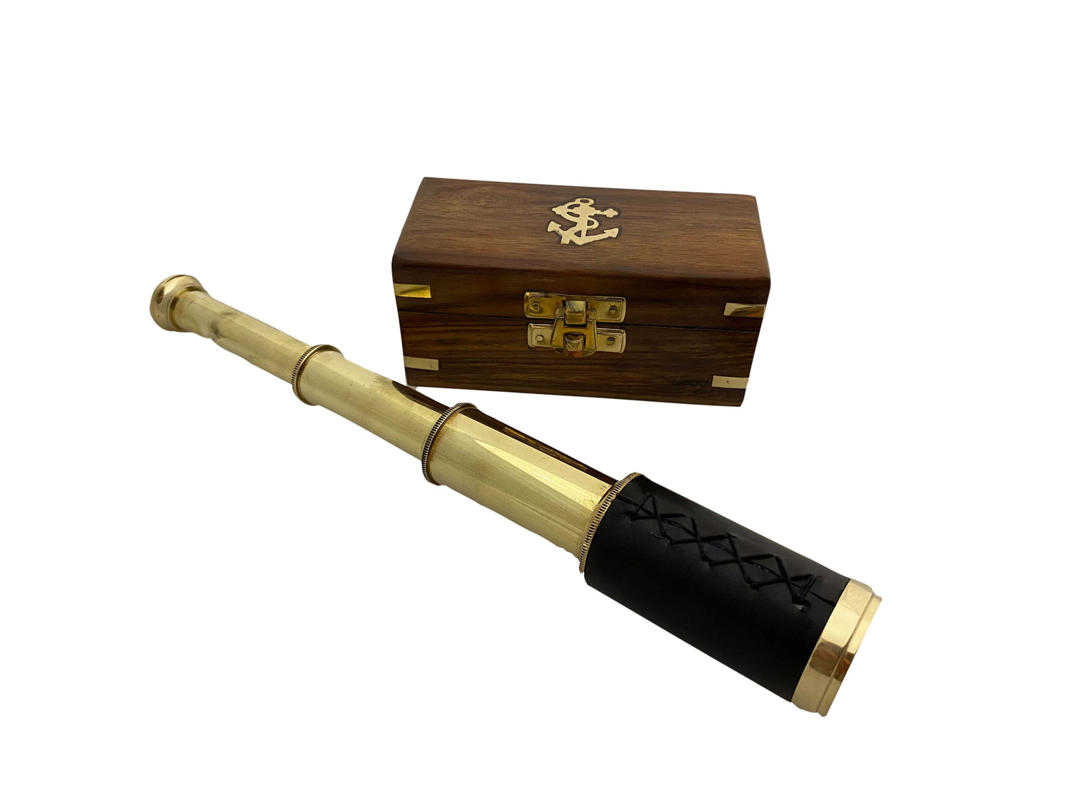 Bőr bevonatú réz távcső fa dobozban