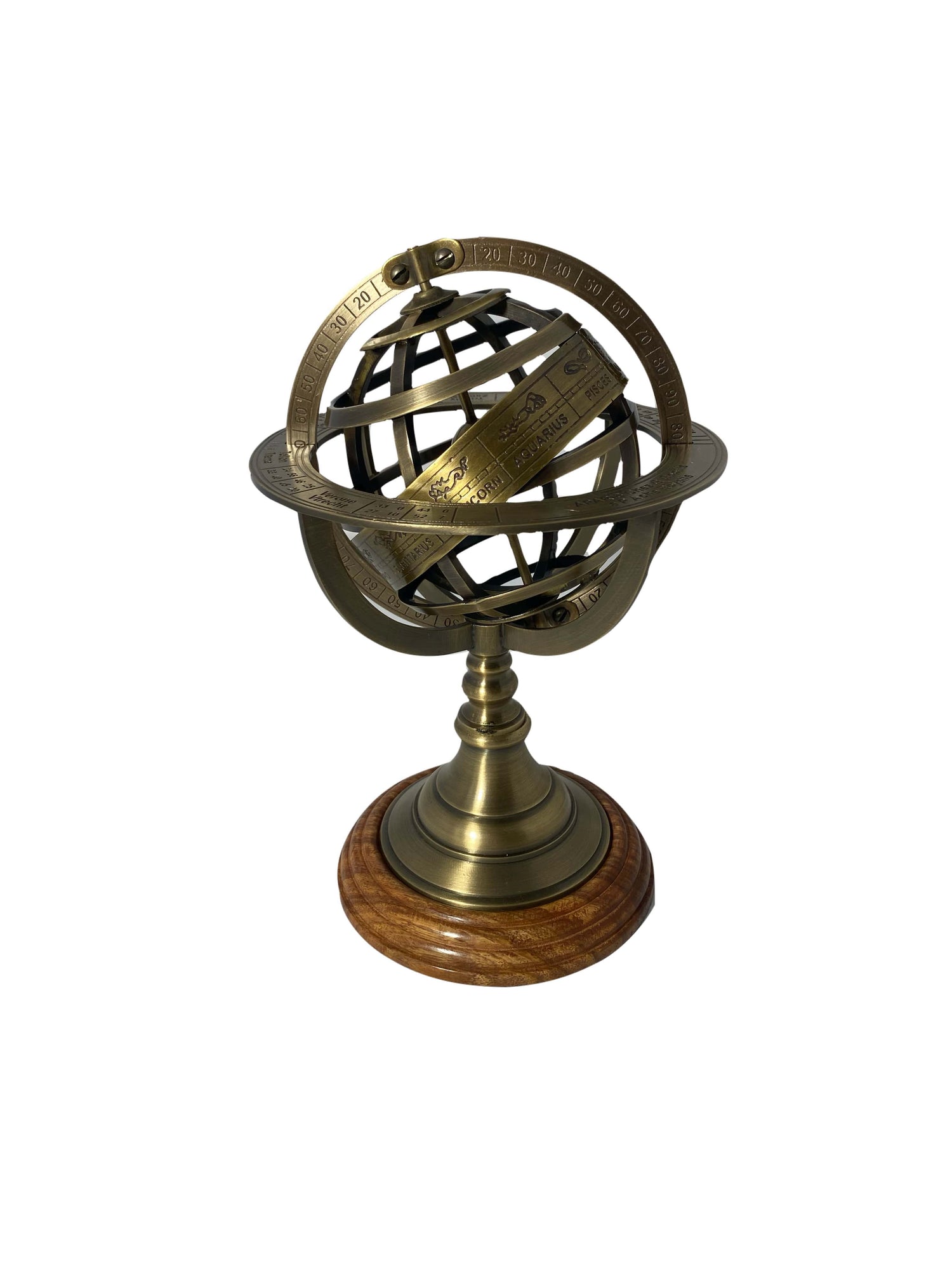 Réz armilláris gömb fa talpon