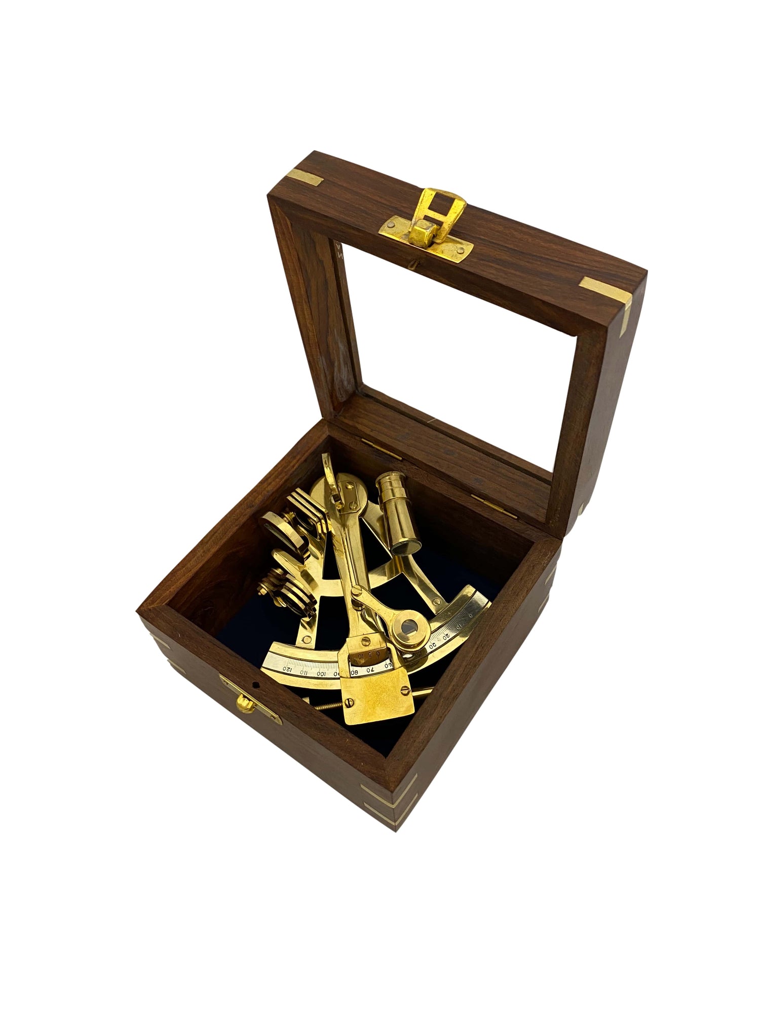 Réz szextáns üveges fa dobozban